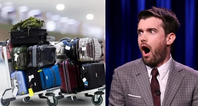 Een verraste man overschrijdt bagage op de luchthaven