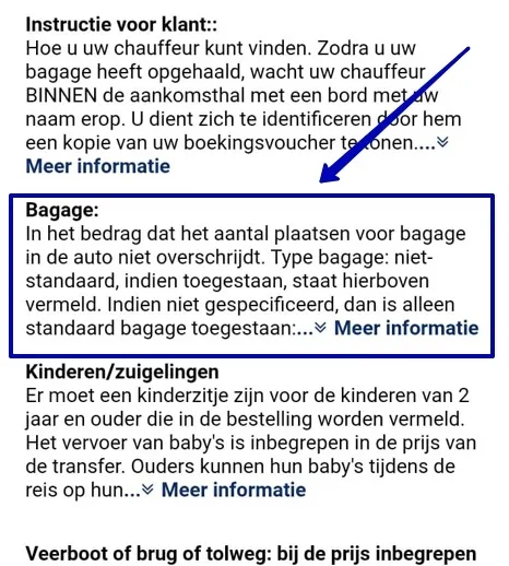 Fragment van de bestelling-informatie over het volume van de bagage
