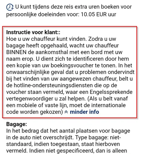 Instructie voor de klant om een chauffeur te ontmoeten